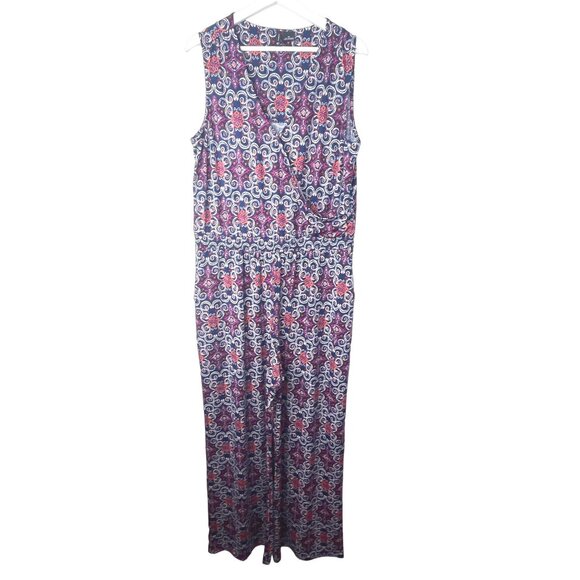 New Directions Jumpsuit XL Blue Sleeveless Wide Leg Boho Ikat Print Casual Work - Picture 2 of 7